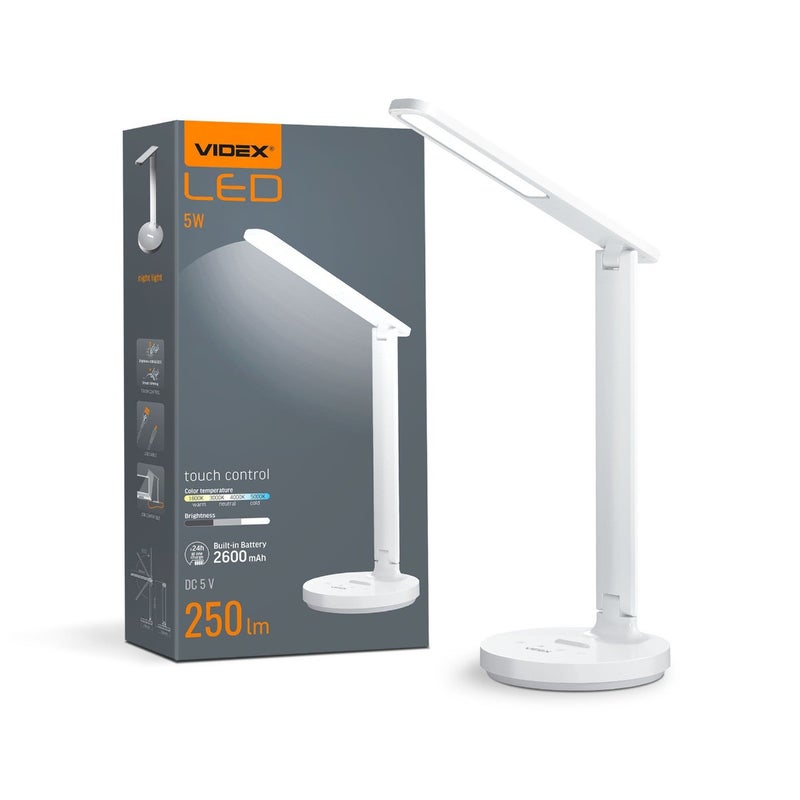 Lampka biurkowa akumulatorowa LED 5W 250lm Ściemnialna Zmiana barwy Videx