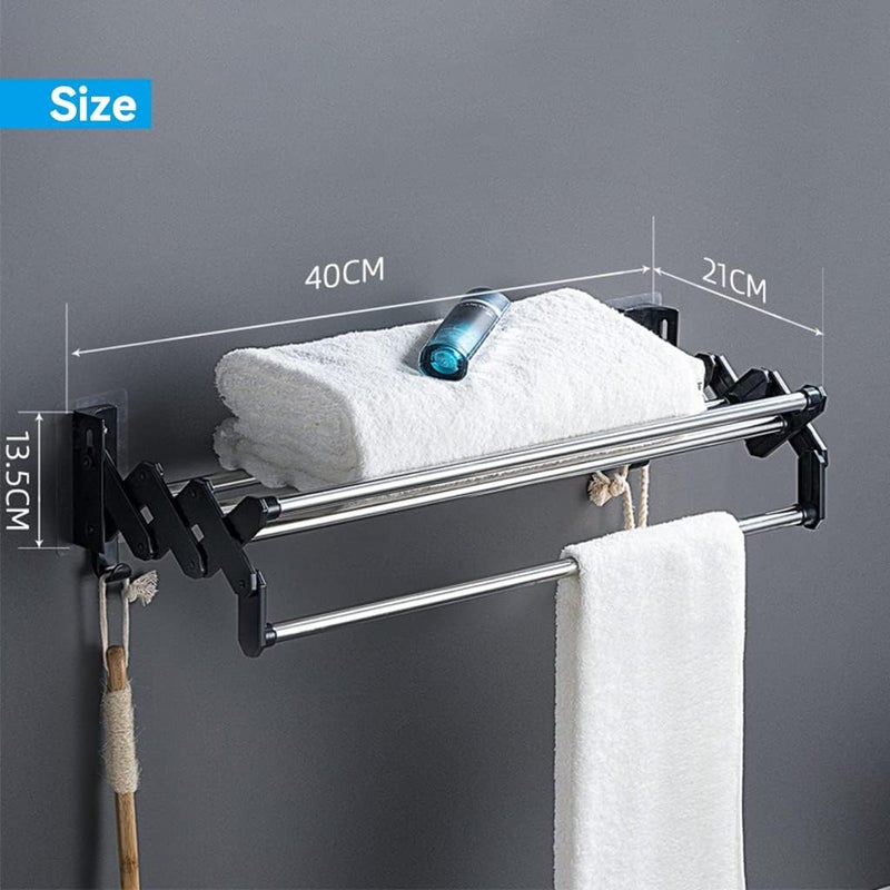Wieszak na ręczniki do łazienki, montowany na ścianie, bez wiercenia, składany, samoprzylepny, z 2 haczykami, 40 cm, rozsuwany wieszak na ręczniki, st