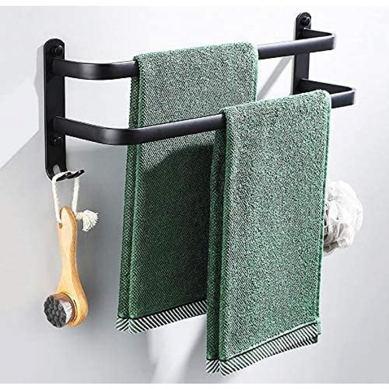 Wieszak na ręczniki łazienkowe, czarny, samoprzylepny, ścienny, do prysznica i kuchni, wodoodporny, z haczykiem (dwa drążki 70 cm)