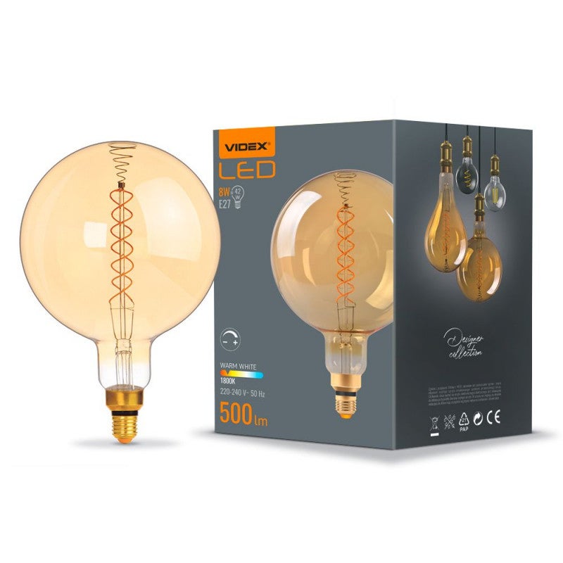 Żarówka dekoracyjna Ściemnialna LED FILAMENT E27 8W kulka bursztynowa Ciepła biel 1800K 500lm Videx