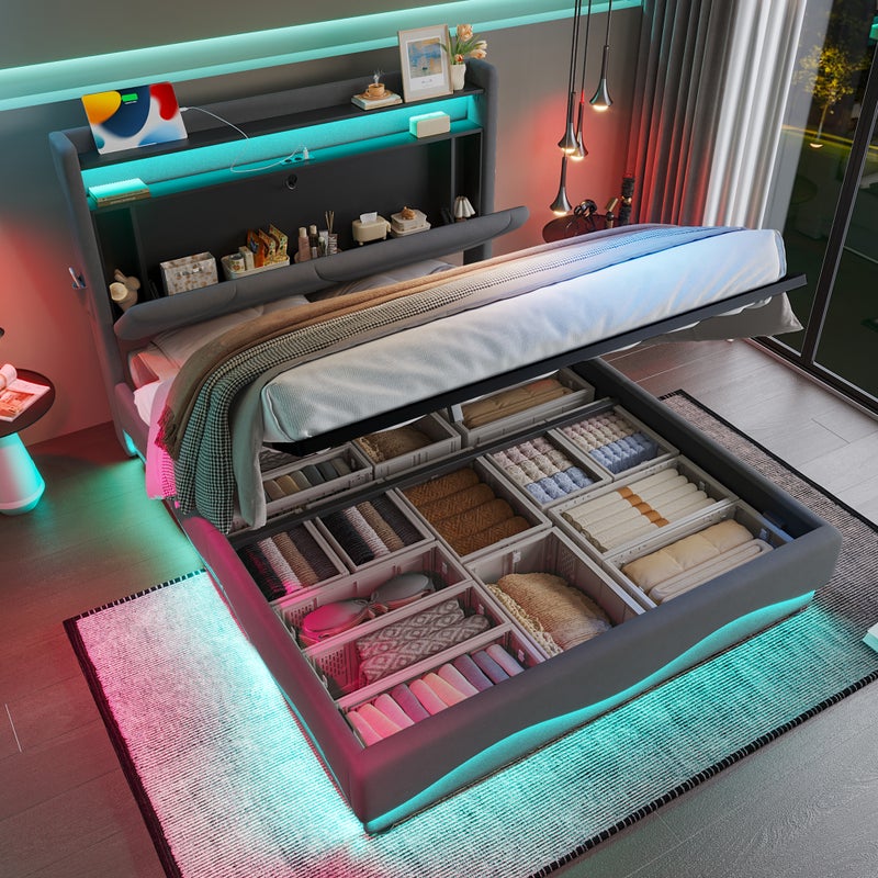 Łóżko z pojemnikiem 140 x 200 cm, zagłówkiem i półkami - Aksamit - Gniazda USB + Diody LED - Ciemnoszary (Bez materaca)