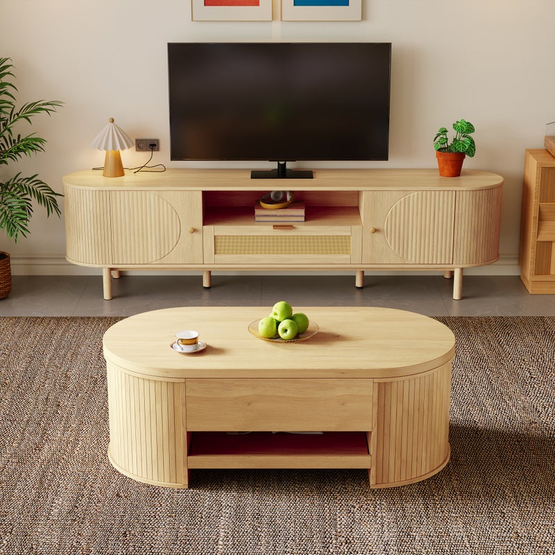 Zestaw owalny: szafka pod telewizor i podnoszony stolik kawowy - 175 x 36 x 51 cm - MDF - Do salonu - Naturalny