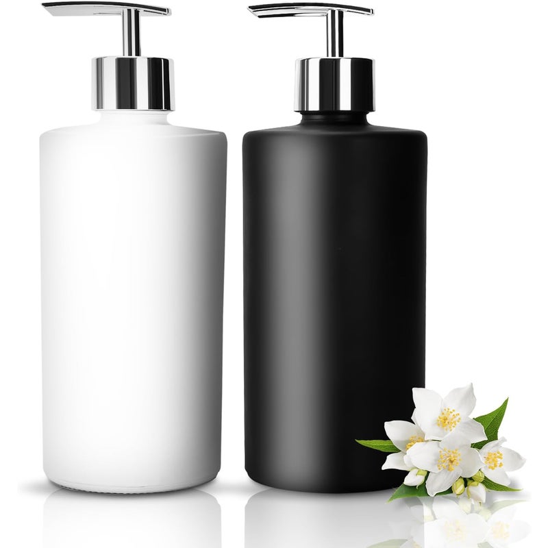 Zestaw 2 szklanych dozowników do mydła - 450 ml - Matowa czerń i biel - Z głowicą pompki ze stali nierdzewnej