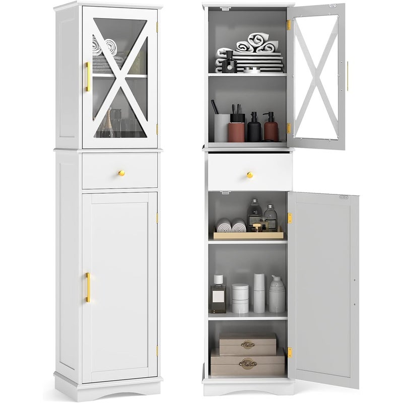 Mebel Łazienkowy, Wąska Szafka na Nóżkach, Kolumna Łazienkowa z Drzwiami, Szufladą i Regulowanymi Półkami na 3 Poziomach (Biała)