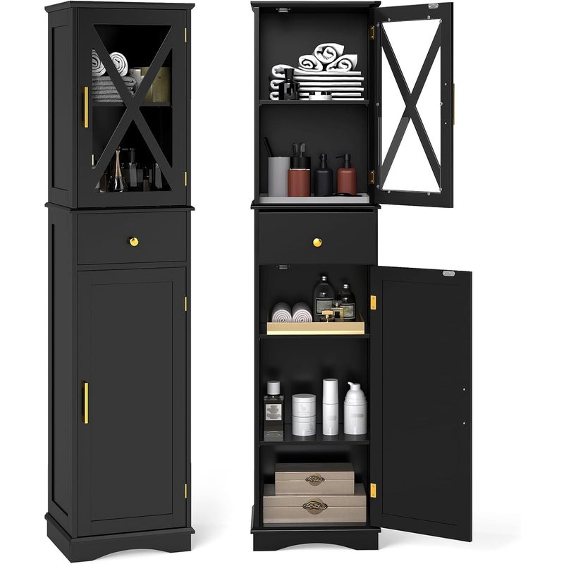 Mebel Łazienkowy, Wąska Szafka na Nóżkach, Kolumna Łazienkowa z Drzwiami, Szufladą i Regulowanymi Półkami na 3 Poziomach (Czarna)