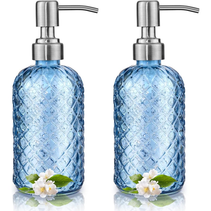 Zestaw 2 szklanych dozowników do mydła z pompką ze stali nierdzewnej 304, napełnianych w kolorze niebieskim, do blatu łazienkowego