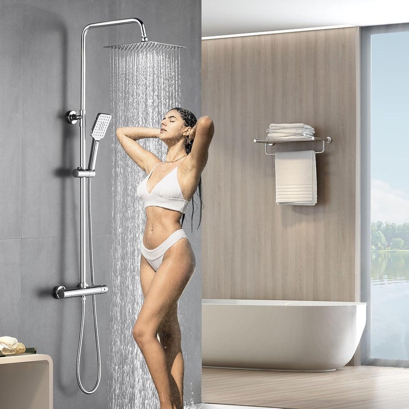 LOVHAUS System Prysznicowy z Termostatem, Chromowany Zestaw Prysznicowy z Mosiądzu, Wyposażony w Kwadratową Głowicę Prysznicową o Wymiarach 25x25 cm