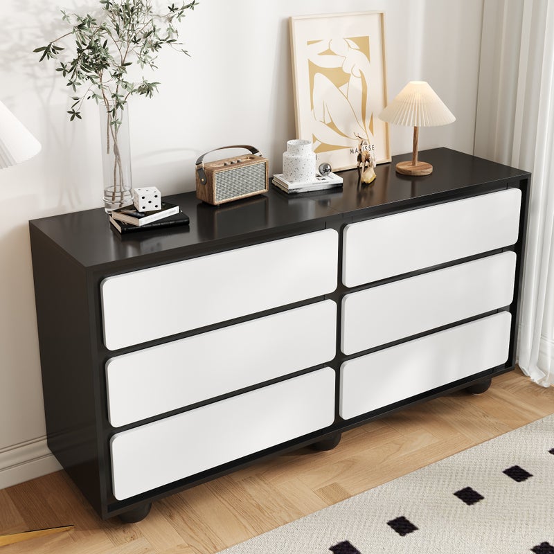 Komoda z 6 szufladami - 140 x 38 x 74,5 cm - Płyta wiórowa - Kolor biały + czarny