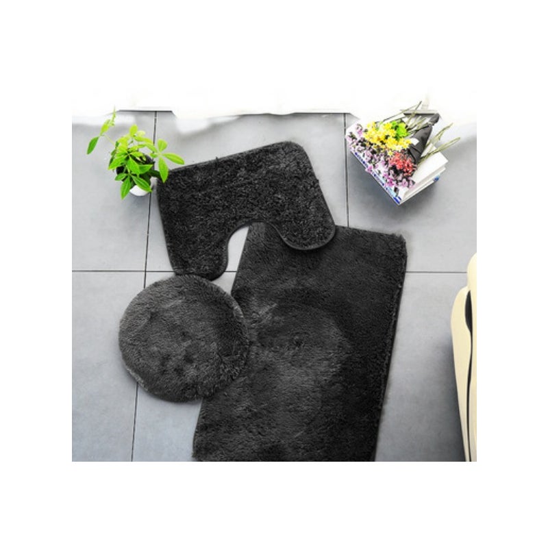 Czarny, kudłaty, trzyczęściowy zestaw mat łazienkowych do toalety, chłonny i antypoślizgowy, trzyczęściowy zestaw mat toaletowych: 50 * 80 cm +