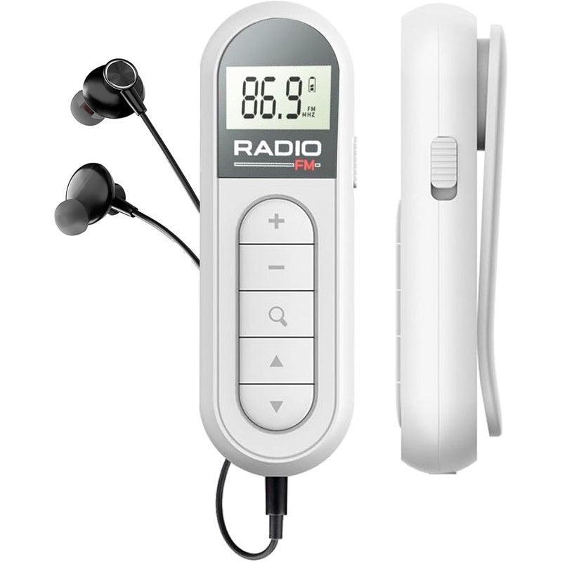 Miniaturowe radio FM/tranzystorowe, przenośne radio FM z procesorem DSP, wyświetlaczem LCD i słuchawkami, akumulatorowe, kieszonkowe, białe