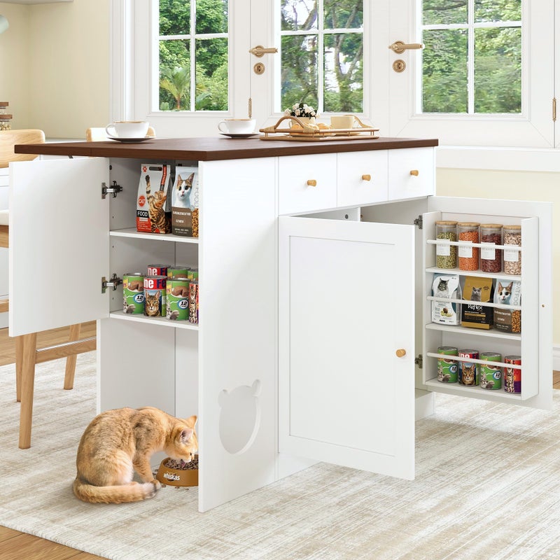 Wyspa kuchenna z 3 drzwiami i 3 szufladami - 120x(40+30)x90 cm - Rozkładany blat i miejsce na zwierzęta - Biały + orzech