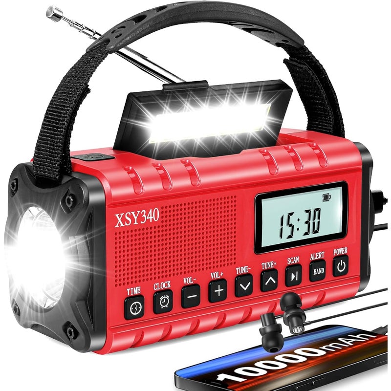 Radio z korbką o pojemności 10 000 mAh, radio AM/FM z alertami pogodowymi NOAA, 3 tryby pracy, radio zasilane energią słoneczną, słuchawki, SOS
