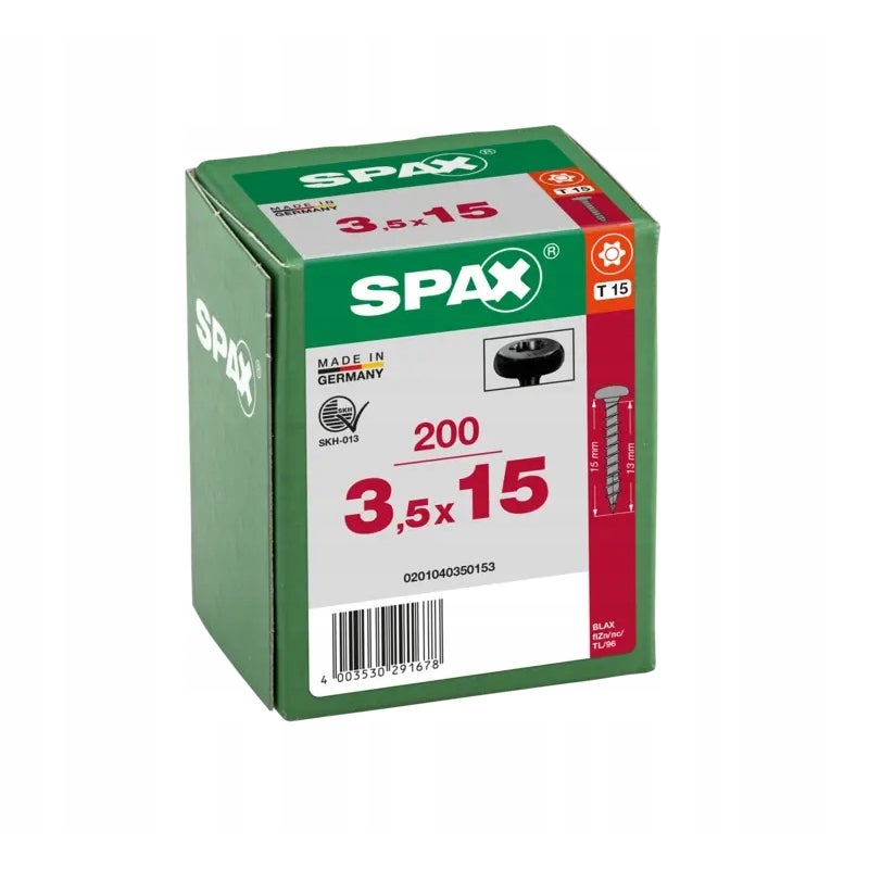 Wkręty do drewna SPAX 3,5x15mm,pełny gwint, łeb talerzowy, czarne 200szt.