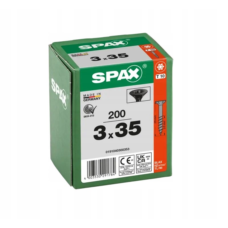 Wkręty do drewna SPAX3x35mm torx,niepełny gwint,łeb stożkowy,czarne200szt.
