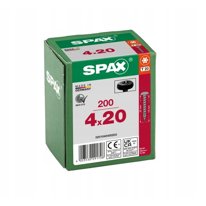 Wkręty do drewna SPAX 4x20mm,pełny gwint, łeb talerzowy, czarne 200szt.
