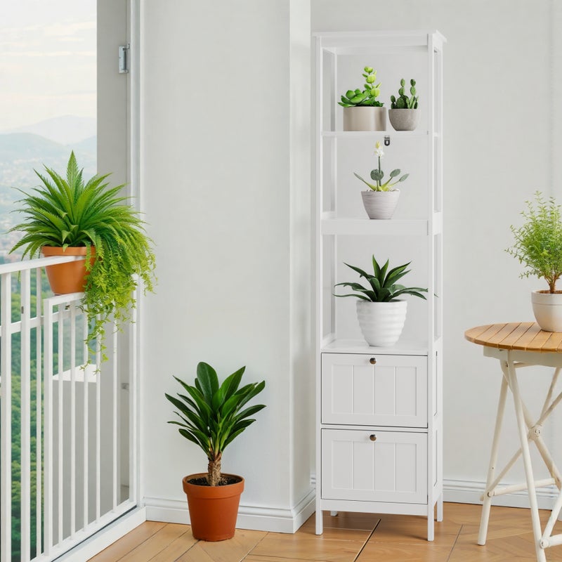 Wąska drewniana szafka łazienkowa z 2 szufladami i 3 półkami, praktyczne miejsce do przechowywania kosmetyków, umywalki i pralki