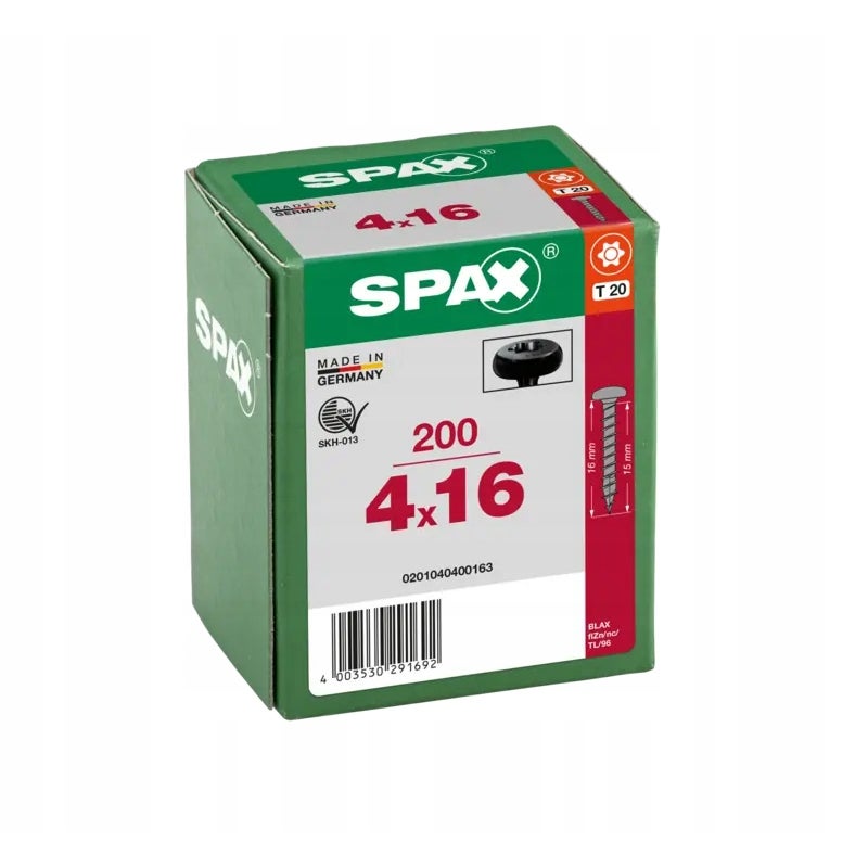 Wkręty do drewna SPAX 4x16mm,pełny gwint, łeb talerzowy, czarne 200szt.