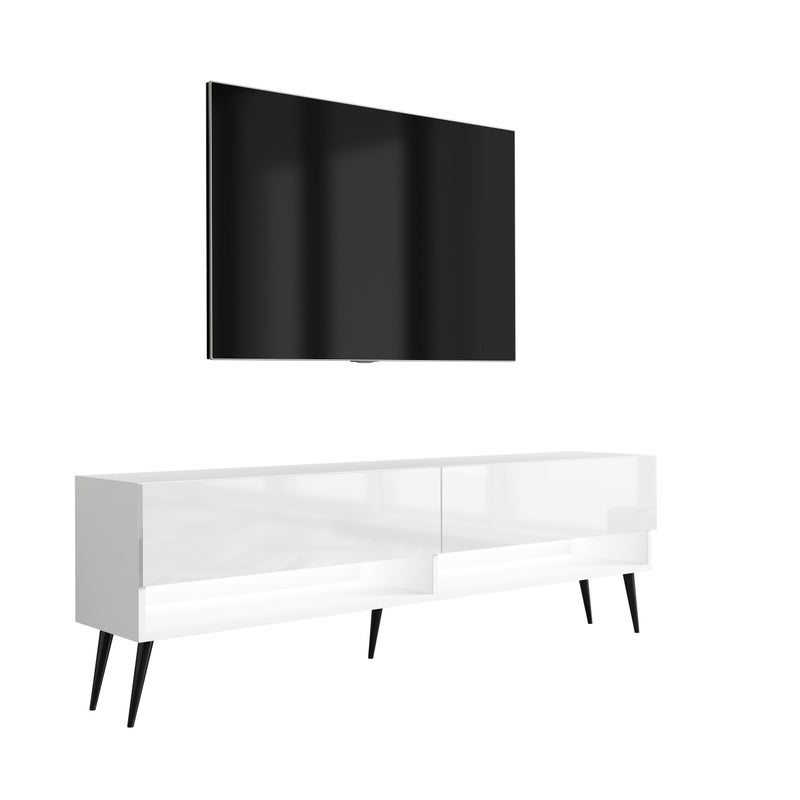 Szafka pod telewizor 170 cm Biały Mat / Biały Połysk, nóżki pochyłe czarne, LED biały, 170 × 32 × 52 cm