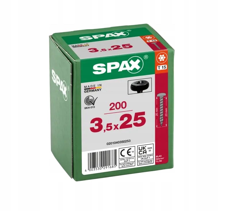 Wkręty do drewna SPAX 3,5x25mm,pełny gwint, łeb talerzowy, czarne 200szt.