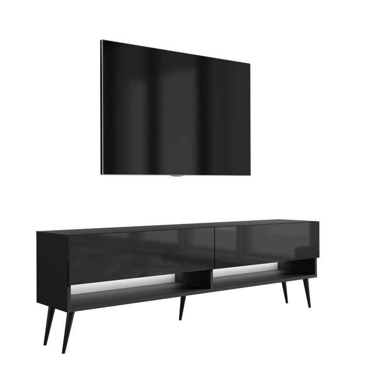 Szafka pod telewizor 170 cm Czarny Mat / Czarny Połysk, nóżki pochyłe czarne, LED biały, 170 × 32 × 52 cm