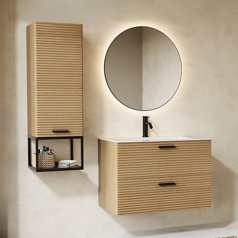 Szafka łazienkowa wisząca kolumnowa łazienkowa z prążkowanym wykończeniem i wnęką - Jasny naturalny - H104 cm - SARONE