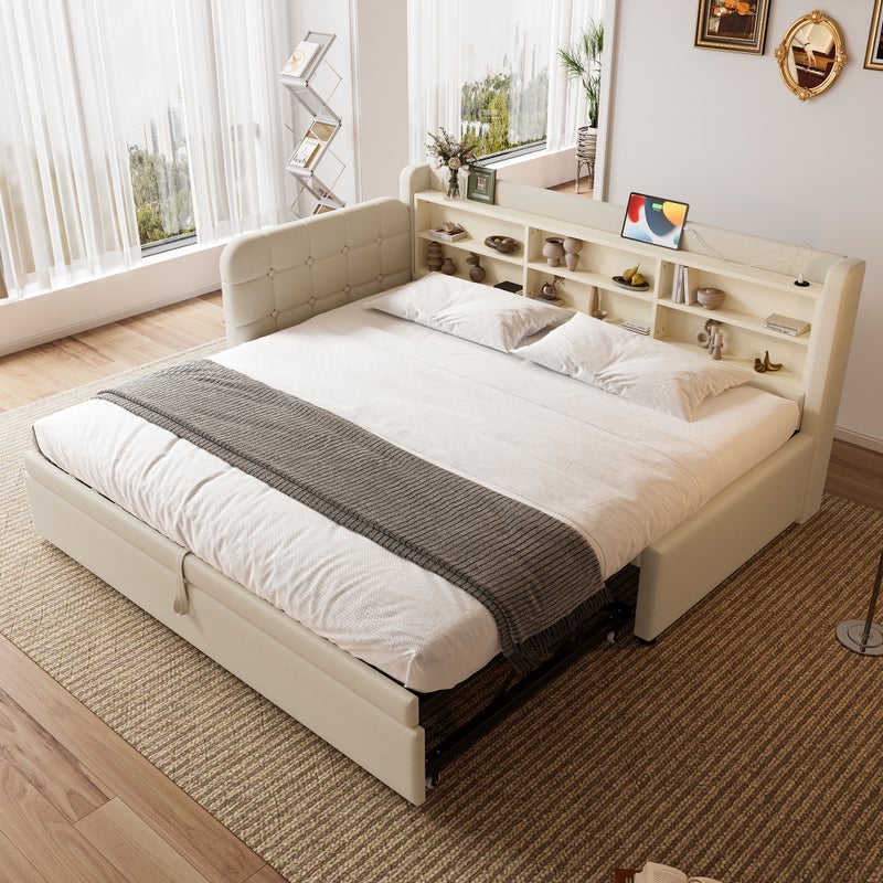 Łóżko wysuwane 90/180 x 200 cm z przegródkami, sofa rozkładana - Tkanina lniana - Gniazda USB + Typ C - Beżowe (bez materaca)