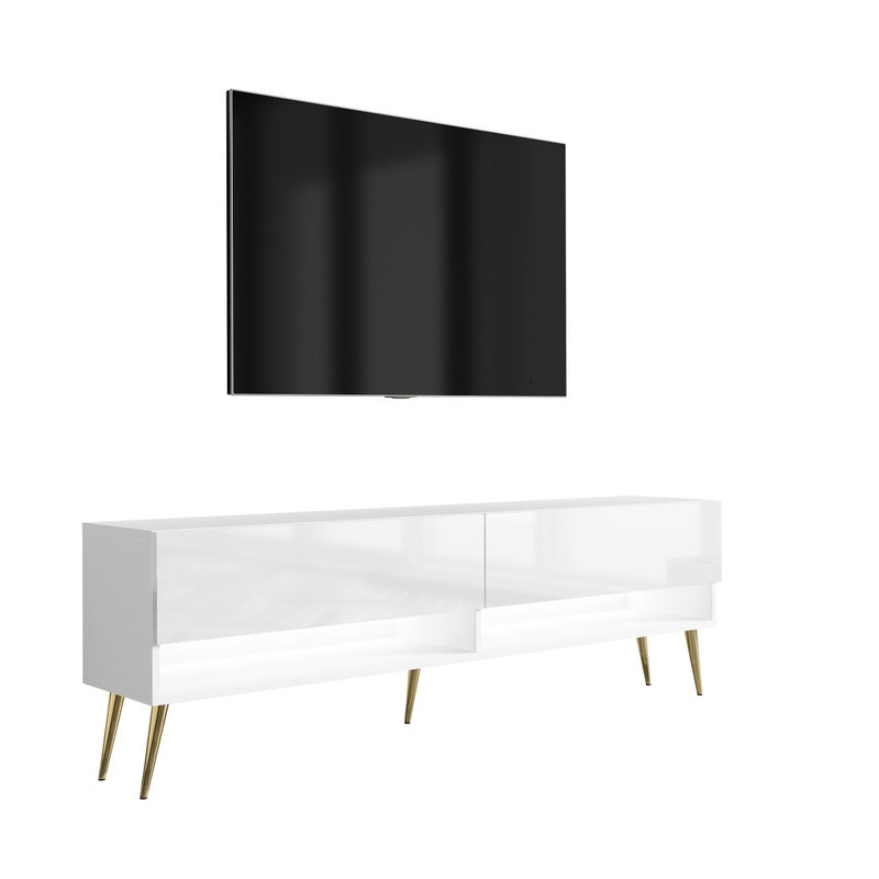 Szafka pod telewizor 170 cm Biały Mat / Biały Połysk, nóżki pochyłe złote, LED biały, 170 × 32 × 52 cm