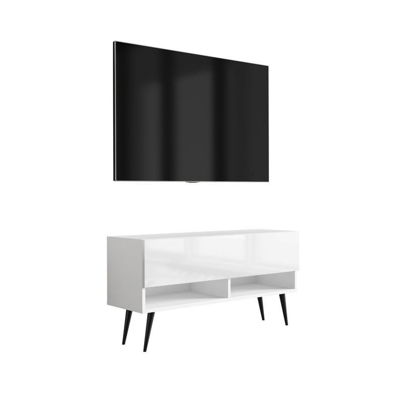 Szafka pod telewizor 100 cm Biały Mat / Biały Połysk, nóżki pochyłe czarne, 100 × 32 × 52 cm