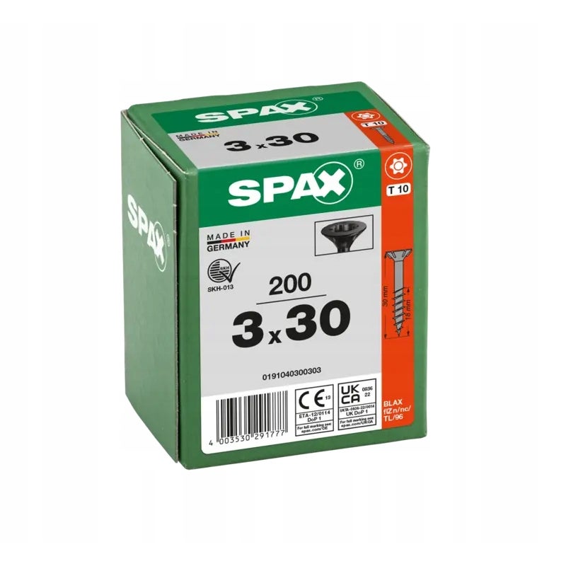 Wkręty do drewna SPAX3x30mm torx,niepełny gwint,łeb stożkowy,czarne200szt.