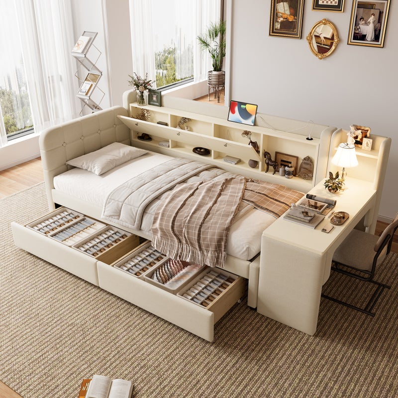 Łóżko tapicerowane 90 x 200 cm z biurkiem, 2 szufladami i przegródkami - Tkanina lniana - Gniazda USB + Typ C - Beżowe (bez materaca)