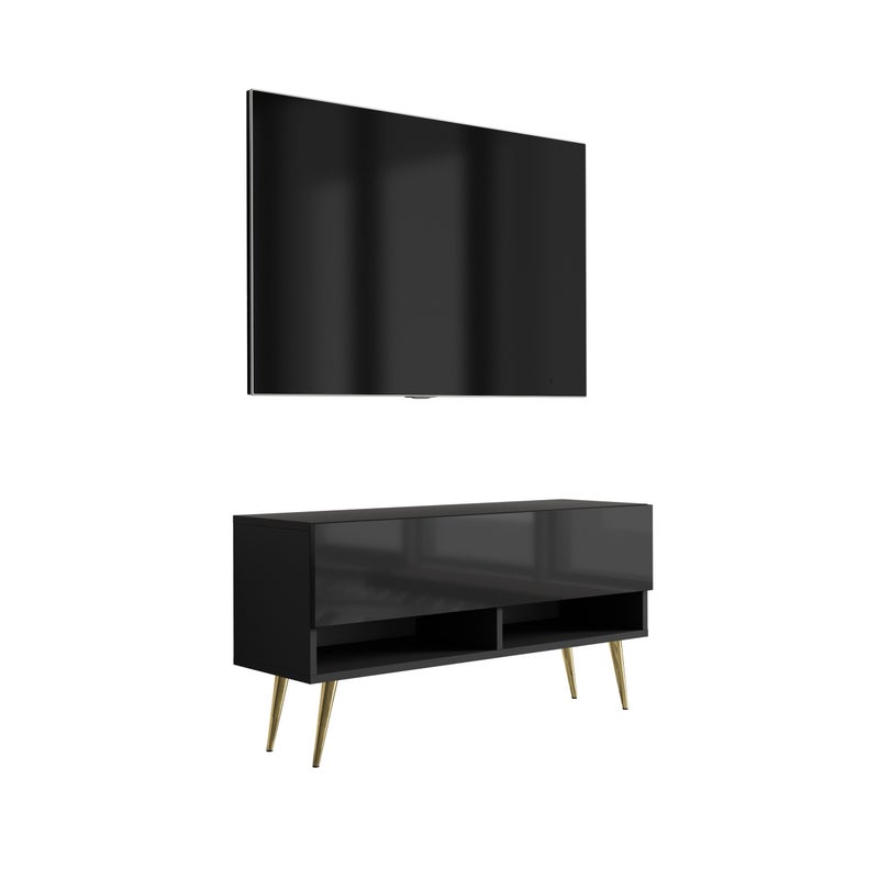 Szafka pod telewizor 100 cm Czarny Mat / Czarny Połysk, nóżki pochyłe złote, 100 × 32 × 52 cm