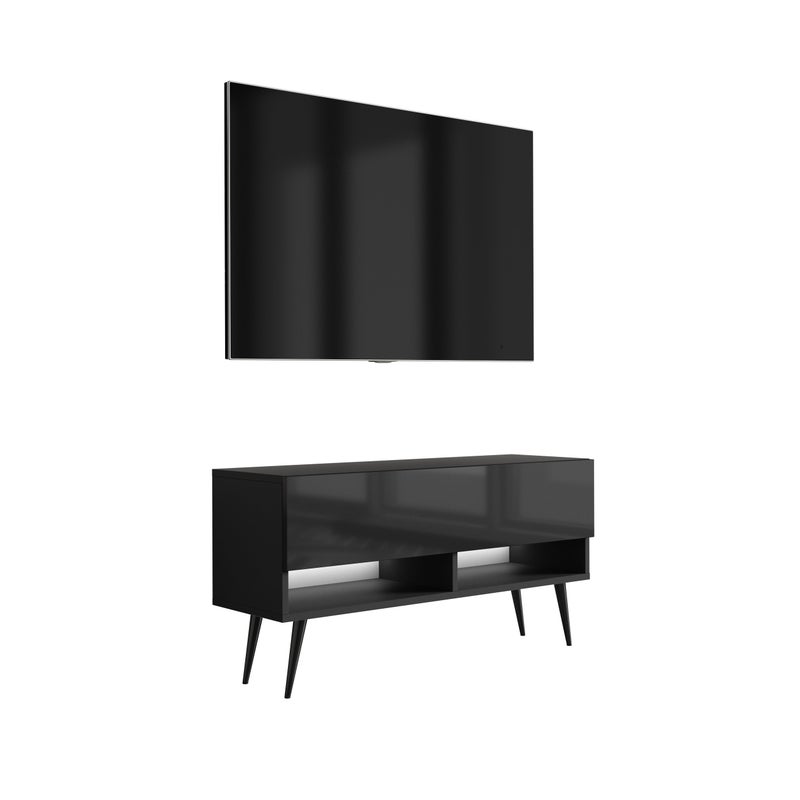 Szafka pod telewizor 100 cm Czarny Mat / Czarny Połysk, nóżki pochyłe czarne, LED biały, 100 × 32 × 52 cm