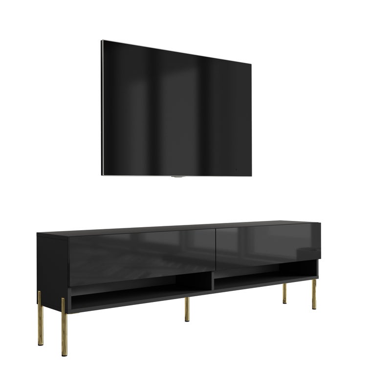 Szafka pod telewizor 170 cm Czarny Mat / Czarny Połysk, nóżki proste złote, 170 × 32 × 52 cm