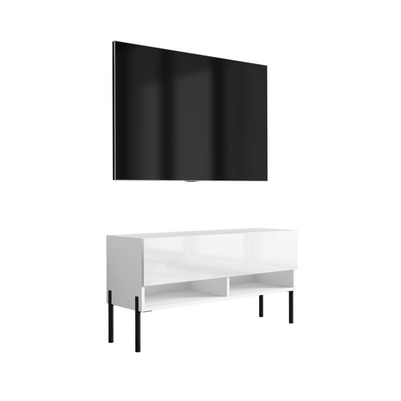 Szafka pod telewizor 100 cm Biały Mat / Biały Połysk, nóżki proste czarne, 100 × 32 × 52 cm