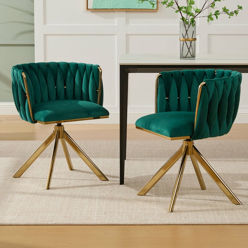 Zestaw 2 obrotowych krzeseł do jadalni z aksamitu, 180°, z podłokietnikami - 56 x 50 x 70 cm - Złote metalowe nogi - Zielony