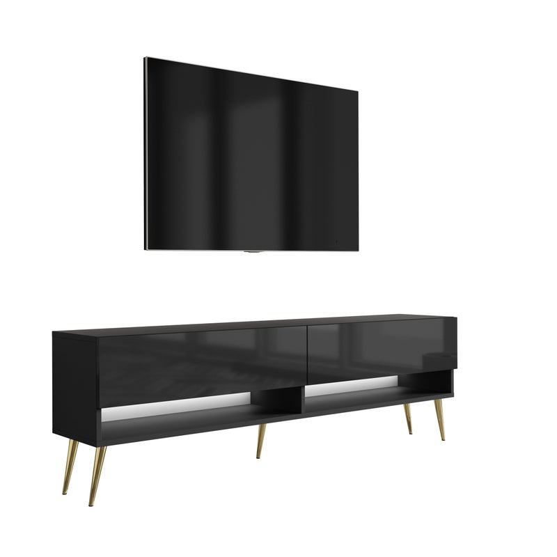 Szafka pod telewizor 170 cm Czarny Mat / Czarny Połysk, nóżki pochyłe złote, LED biały, 170 × 32 × 52 cm