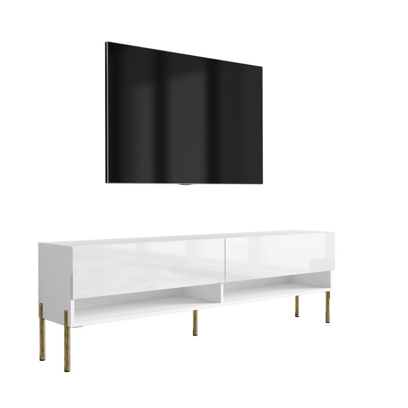 Szafka pod telewizor 170 cm Biały Mat / Biały Połysk, nóżki proste złote, 170 × 32 × 52 cm