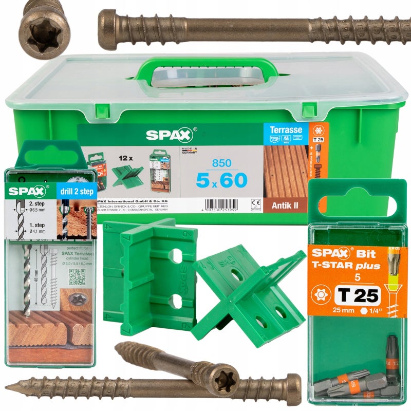 Spax ZESTAW Wkręty tarasowe do drewna 5x60mm 850szt. Green BOX Stare Złoto