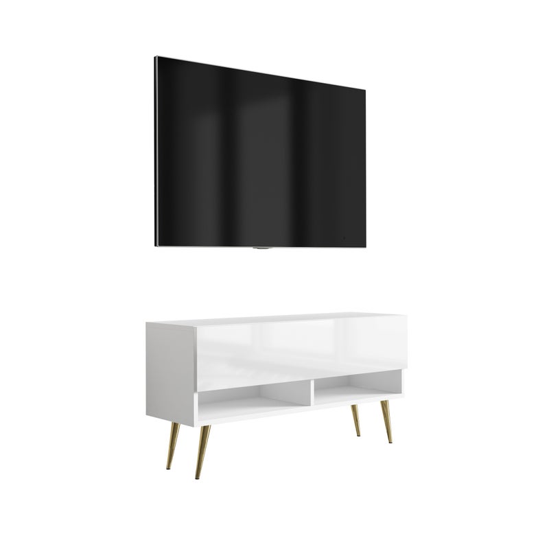 Szafka pod telewizor 100 cm Biały Mat / Biały Połysk, nóżki pochyłe złote, 100 × 32 × 52 cm