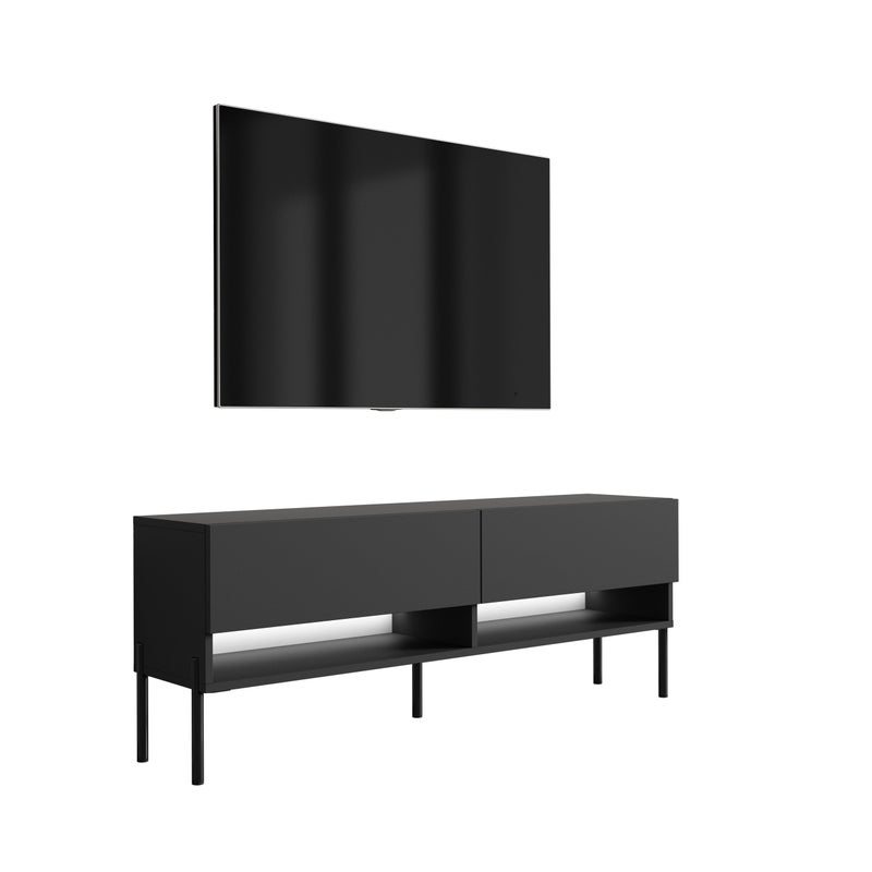 Szafka pod telewizor 140 cm Czarny Mat, nóżki proste czarne, LED biały, 140 × 32 × 52 cm