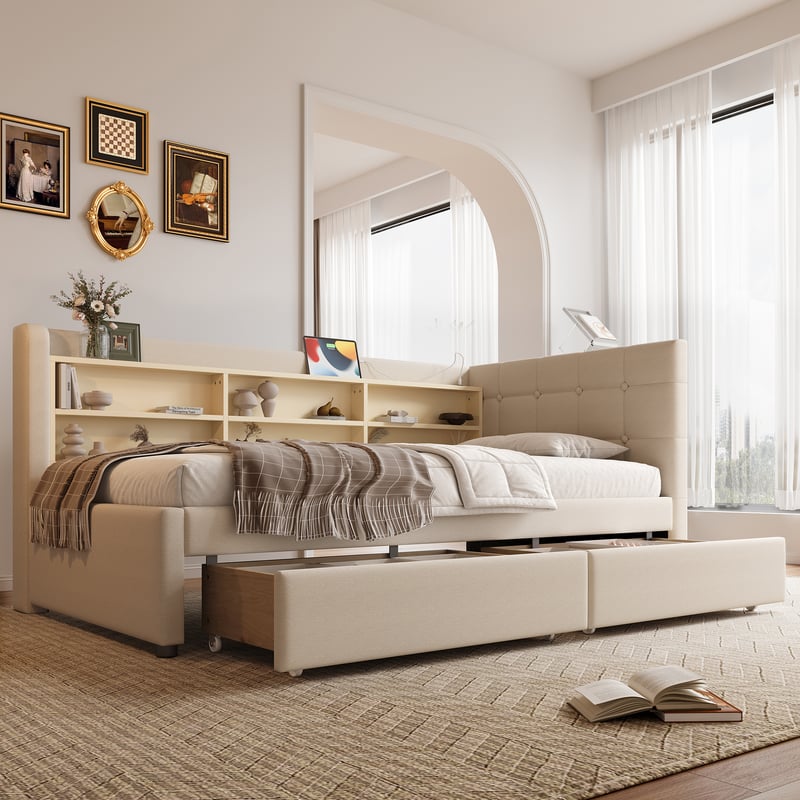 Łóżko tapicerowane 90 x 200 cm z 2 szufladami i przegródkami, sofa rozkładana - Tkanina lniana - Gniazda USB + Typ C - Beżowe (bez materaca)