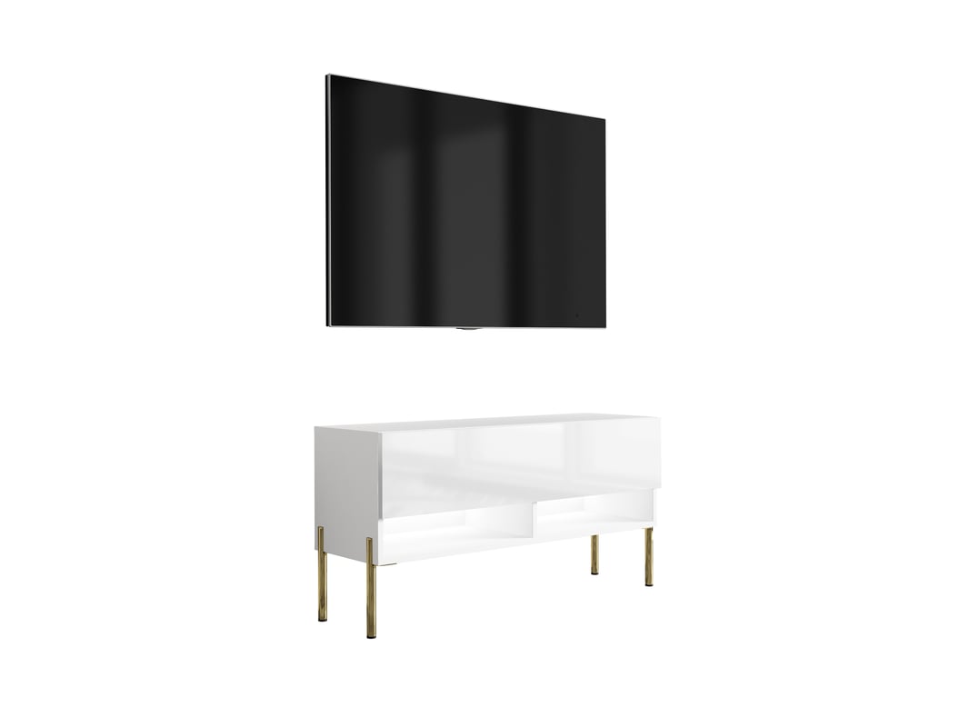 Szafka pod telewizor 100 cm Biały Mat / Biały Połysk, nóżki proste złote, LED biały, 100 × 32 × 52 cm