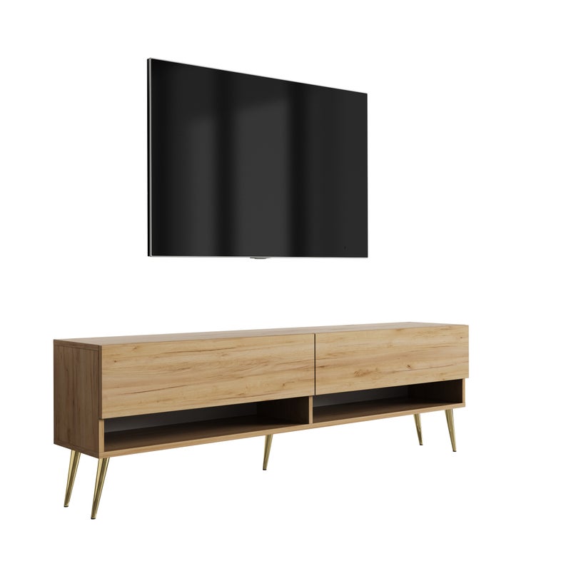 Szafka pod telewizor 170 cm Dąb Craft, nóżki pochyłe złote, 170 × 32 × 52 cm