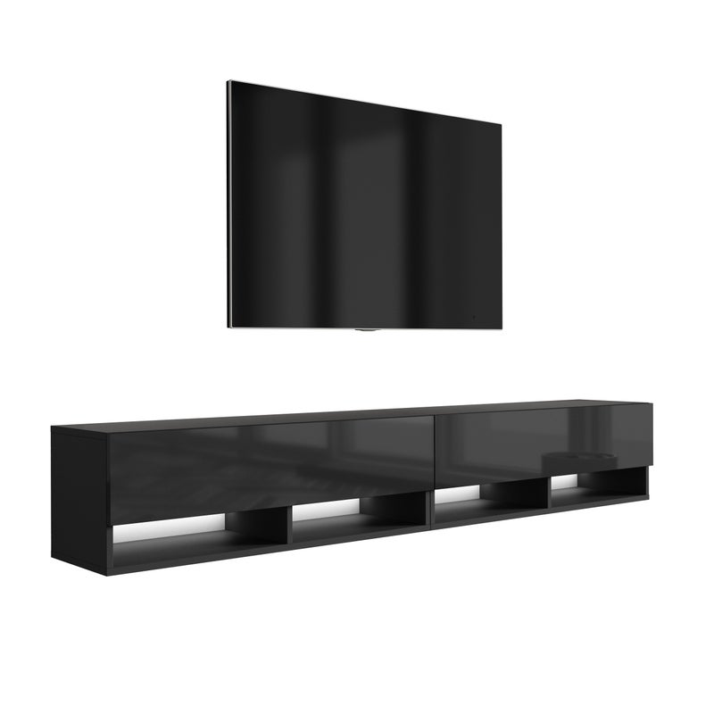 Szafka pod telewizor 200 (2 x 100) cm Czarny Mat / Czarny Połysk, LED biały, 200 × 32 × 34 cm