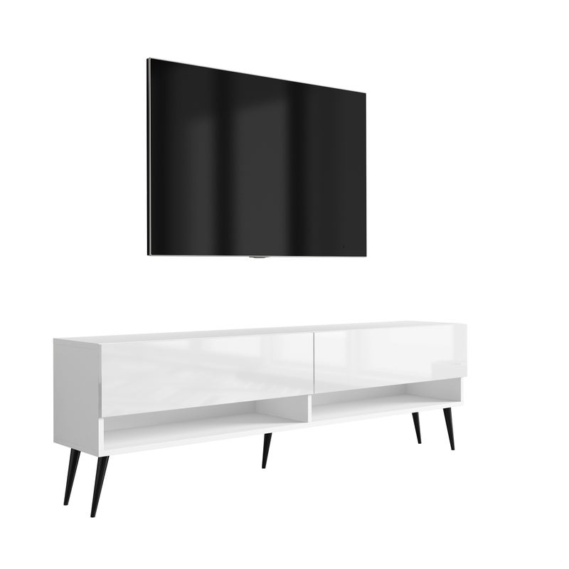 Szafka pod telewizor 170 cm Biały Mat / Biały Połysk, nóżki pochyłe czarne, 170 × 32 × 52 cm