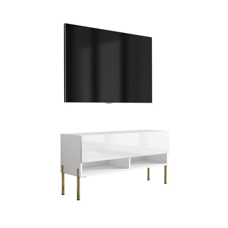 Szafka pod telewizor 100 cm Biały Mat / Biały Połysk, nóżki proste złote, 100 × 32 × 52 cm