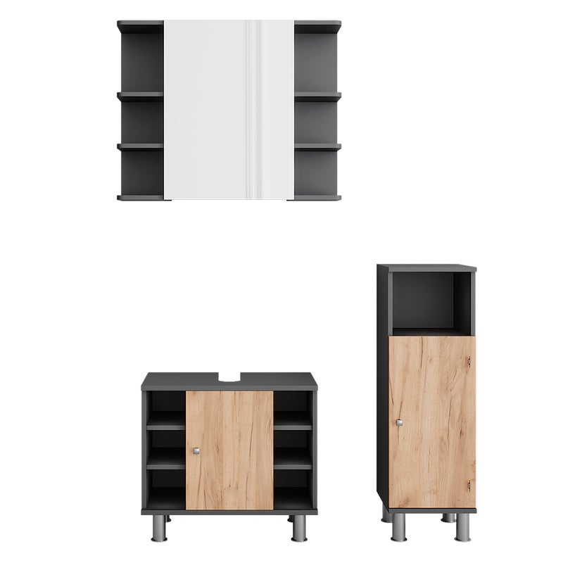 Vicco Szafka z lustrem łazienkowym Fynn, Antracyt/złoty dąb, 3 sztuki z jednostką midi