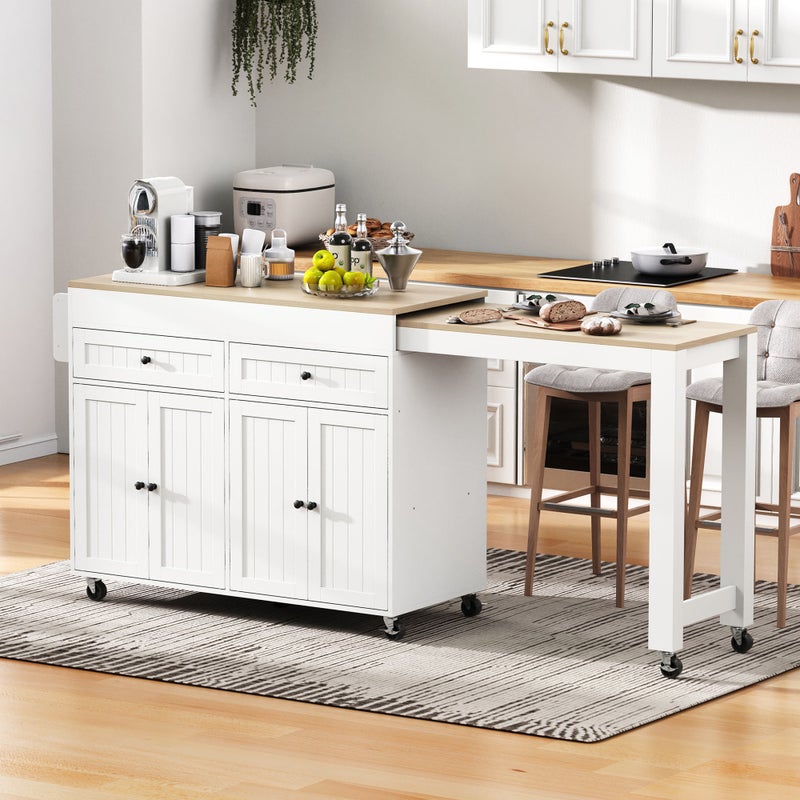 Wyspa kuchenna z rozkładanym stołem jadalnym - 4 drzwi i 2 szuflady - 180,5 x 45 x 92 cm - MDF - Biały + naturalny