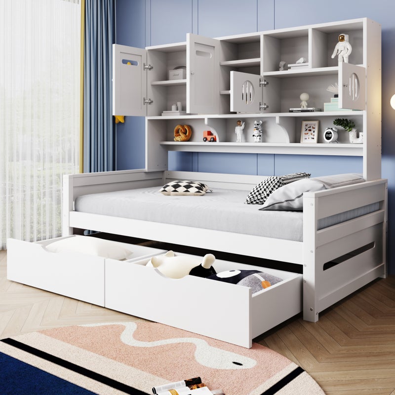 Łóżko 90 x 200 cm z 2 szufladami i wielofunkcyjnymi schowkami - Sosna + sklejka + MDF - Białe (bez materaca)