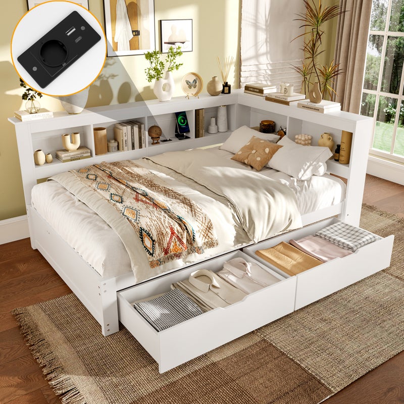 Łóżko 140 x 200 cm z 2 szufladami i przegródkami, sofa rozkładana - Sosna + MDF + sklejka - Gniazda ładowania i USB - Białe (bez materaca)